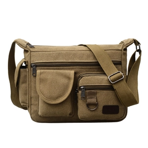 Front view of khaki canvas cross-body chest bag for men with multi-pocket utility design