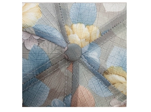 Close-up of lace floral print fabric and top button on a baseball cap with neat stitching