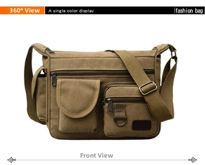 Front view of khaki canvas crossbody bag for men showing multiple zipper pockets and straps