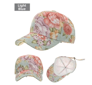 Three-view detail of light blue floral lace baseball cap with cotton texture and floral print