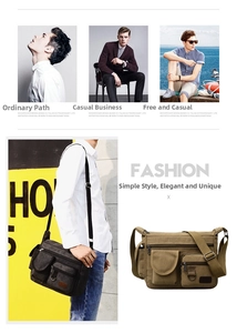 Detail of canvas crossbody bag showing multi-pocket structure and adjustable wide strap