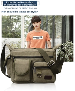 Macro detail of military green canvas messenger bag with functional pockets and metal hardware