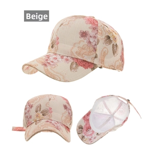 Detailed views of a beige floral baseball cap with lace print and adjustable back strap