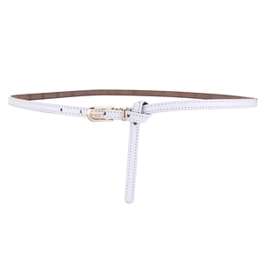Minimalist white leather skinny belt for women with elegant golden pin buckle closure