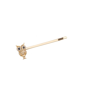 Golden alloy owl hair clip set with sparkling rhinestones on a clean white background