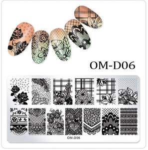 Macro view of rectangular nail stamping plate OM-D06 with floral and lace patterns