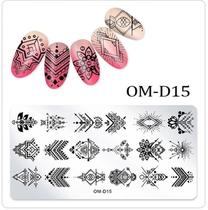 Detail of OM-D15 nail stamping plate with geometric patterns and gradient printed nails