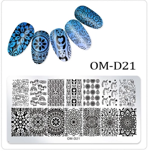 Detailed nail stamping plate with panda and mandala patterns including finished nail art samples