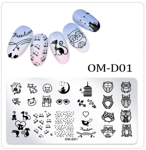 Detail of OM-D01 nail stamping plate with cat and owl motifs and sample gradient nail tips