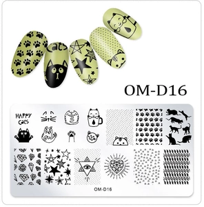 Macro view of rectangular nail stamping plate OM-D16 featuring cartoon cat patterns