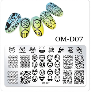 Detail of nail art stamping plate with emoji patterns and colorful finished nail samples