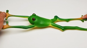 Close-up showing the elastic stretching feature of the green rubber frog squeeze toy