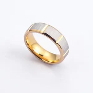 Stainless Steel Ring For Men Brushed Surface Grooved Design Two Tone Gold Steel Minimalist Band Modern Jewelry