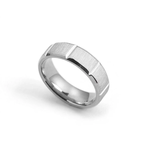 Brushed titanium steel ring for men with silver two-tone grooved finish and polished interior