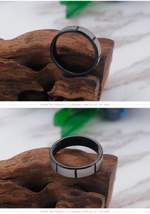 Detail of brushed silver and black titanium ring with vertical grooves on wood stand