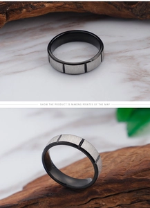 Detail showing two-tone titanium ring with brushed metal texture and vertical grooves