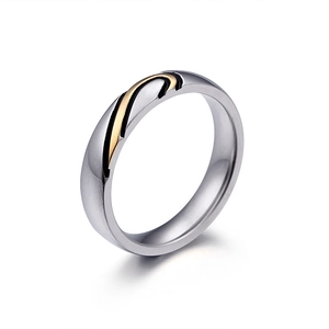 Modern stainless steel couple ring featuring black and gold wavy patterns in silver finish