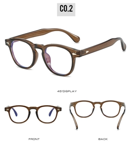 Vues de face, de dos et à 45 degrés de lunettes anti-lumière bleue TR90 avec rivets