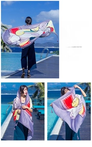 Detail of colorful abstract cotton linen scarf with soft fringe and artistic pattern