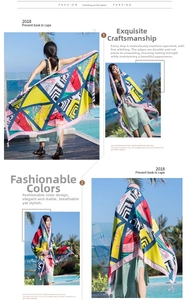 Close-up of geometric pattern beach shawl with pink tassels and breathable fabric