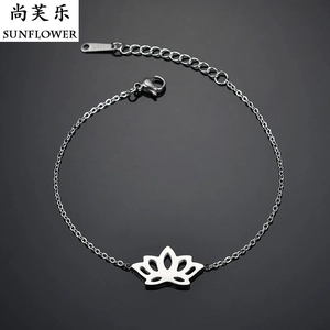 Detail of silver stainless steel bracelet featuring a laser-cut hollow lotus charm