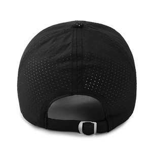 Breathable black baseball cap with adjustable silver metal buckle and mesh fabric
