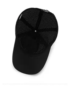 Detail of the breathable black mesh lining and inner construction of the baseball cap