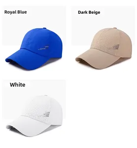 Detail of breathable perforated fabric and leading letters on various athletic caps