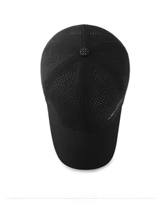 Top view of a black sun hat with breathable mesh fabric and white letter embroidery
