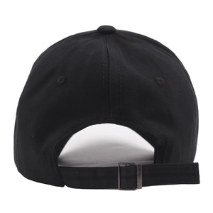 Back view of black cotton baseball cap showing adjustable metal buckle strap