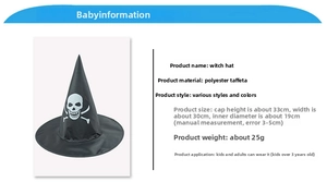 Close-up of black wizard hat with white skull print and taffeta fabric specifications