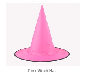 Detail of pink polyester witch hat with pointed top and thin black contrast hem