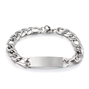 Polished stainless steel Cuban link bracelet with a smooth rectangular ID plate on white background