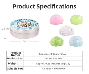 Detailed size specifications of transparent bouncy putty in various colors for DIY play
