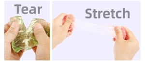 Detail showing translucent green and pink sensory clay with flexible stretching properties