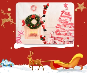 Detailed view of three Santa Claus climbing figures on rope for Christmas decoration
