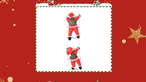 Detail of two Santa Claus figurines climbing a white rope ladder for holiday home decor