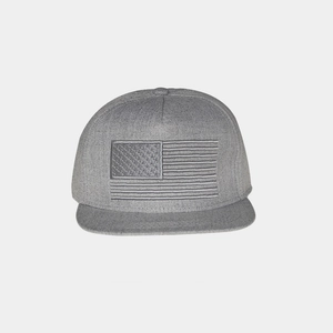 Grey snapback cap with American flag embroidery and structured five-panel design