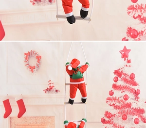 Detail of Santa Claus climbing ladder with green gift bag for Christmas home decoration