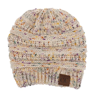 Detail of beige confetti knit beanie with chunky horizontal texture and leather C.C patch