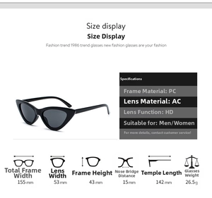 Size chart showing frame dimensions and technical specifications of cat eye sunglasses