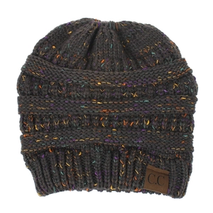 Detailed close-up of dark grey knit beanie with colorful flecks and brown leather patch