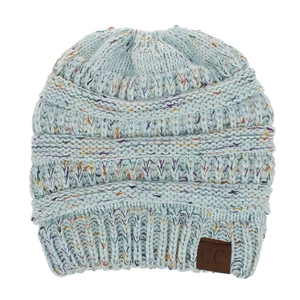 Detailed knit texture of light blue confetti beanie with brown C.C leather patch logo