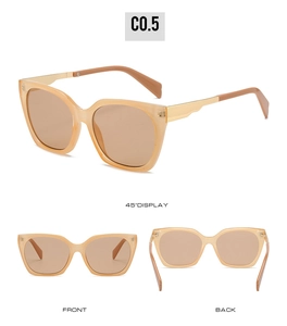 Three-angle display of square sunglasses with champagne frames and gold metal temples
