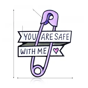 Enamel heart safety pin brooch with 'You Are Safe With Me' text for garments