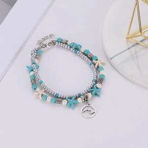 Bracelet de cheville multicouche fait main avec étoiles de mer bleues et pendentif vague