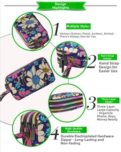 Close-up of a three-layer zippered floral wallet showing functional compartments and strap