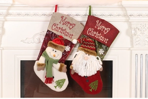 Détail de chaussettes de Noël avec appliqués 3D Père Noël et bonhomme de neige sur manteau