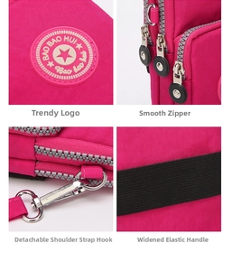 Detailed views of rose red nylon phone bag showing zippers, hooks and elastic strap