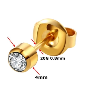 Macro view of 4mm gold cubic zirconia stud earring with 20G surgical steel post